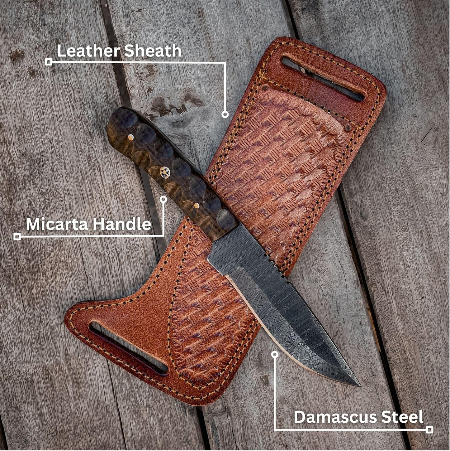 Twist Damascus Skinning Knife – Handmade Fixed Blade Hunting Knife with Brown Micarta Handle & Leather Sheath