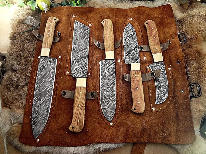 5 Pieces Damascus Chef Knife Set in Open Leather Roll