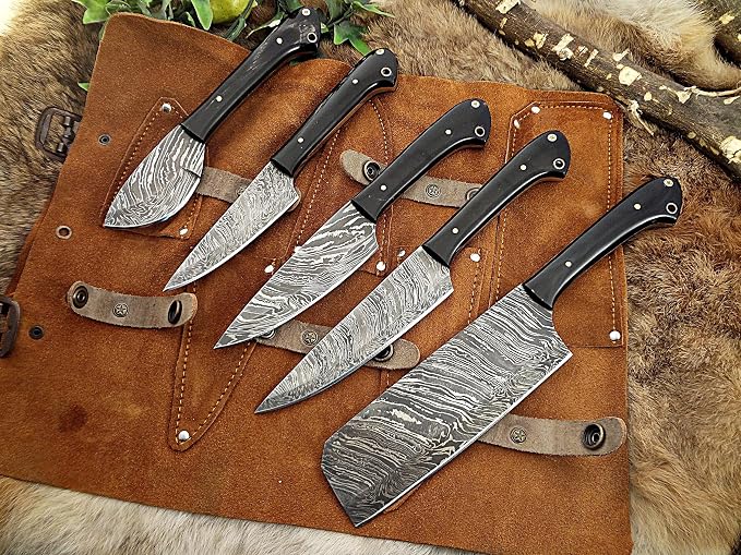 5 piece Damascus steel kitchen knife set with wood handles and leather storage roll