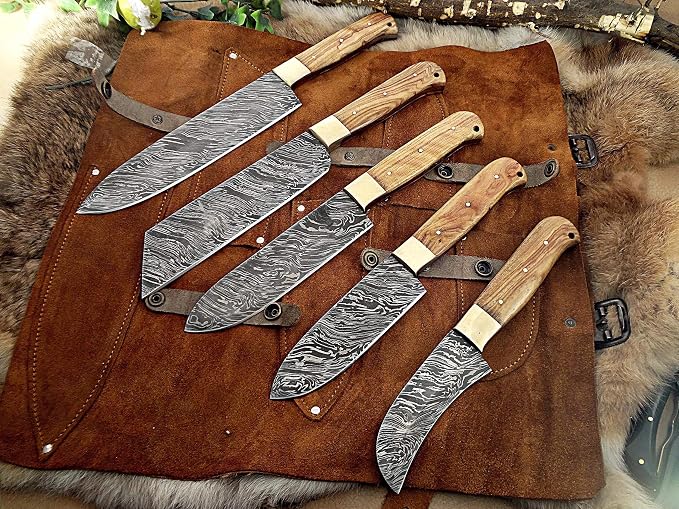 5 Pieces Damascus Chef Knife Set on Suede Leather Roll