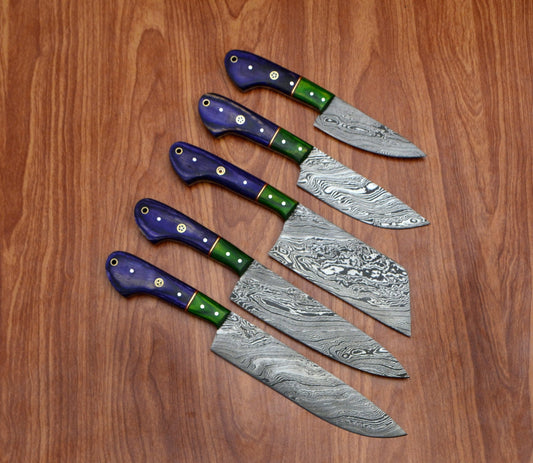 5 custom Damascus kitchen knives
with purple and green handles arranged neatly on a wooden background