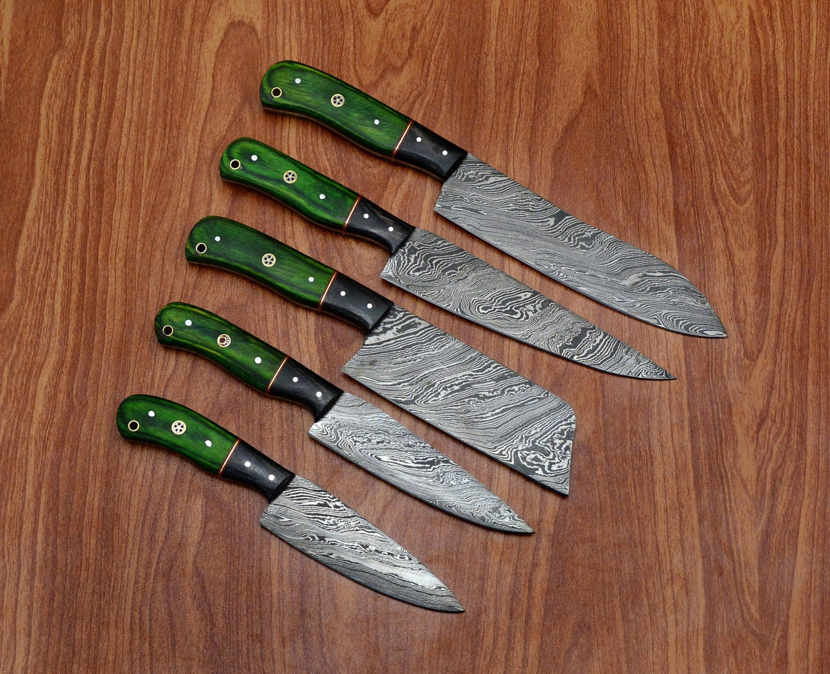 5 piece Damascus steel chef knife set in a row with green pakka wood handles