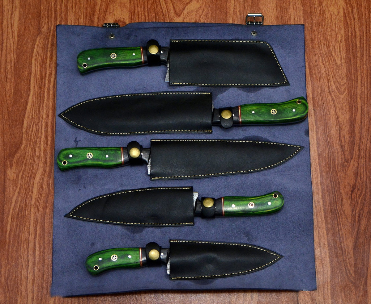 Damascus chef knife set fully sheathed in navy leather roll bag