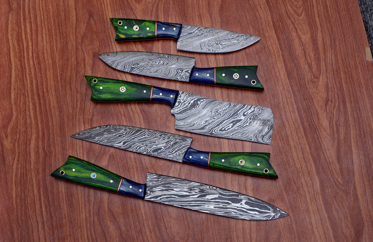 5 pieces Damascus steel chef knives featuring green pakka wood handles arranged diagonally
