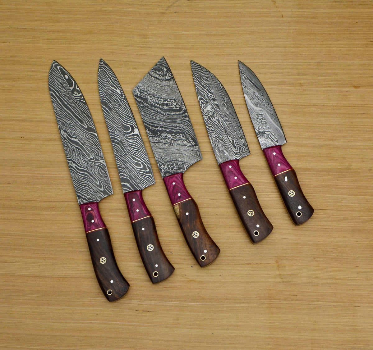 5 Pieces Damascus Steel Chef Knife Set Sycamore Wood Handle, Leather Roll