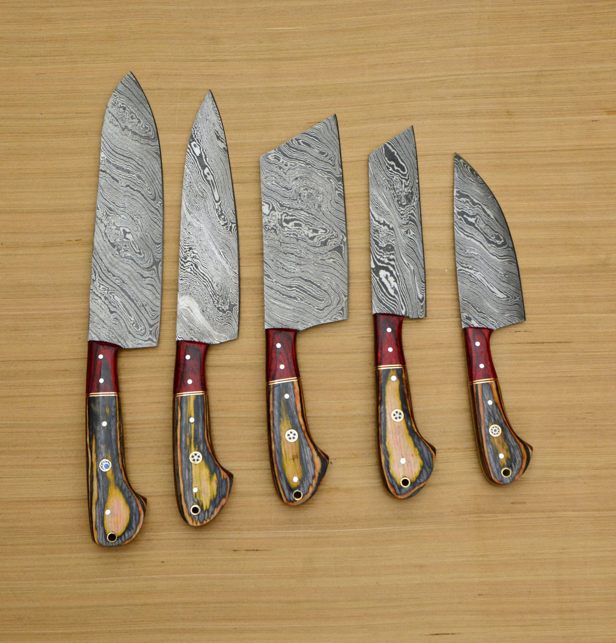 5 Pieces Damascus Steel Chef Knife Set Honey Brown Wood Handle, Leather Roll