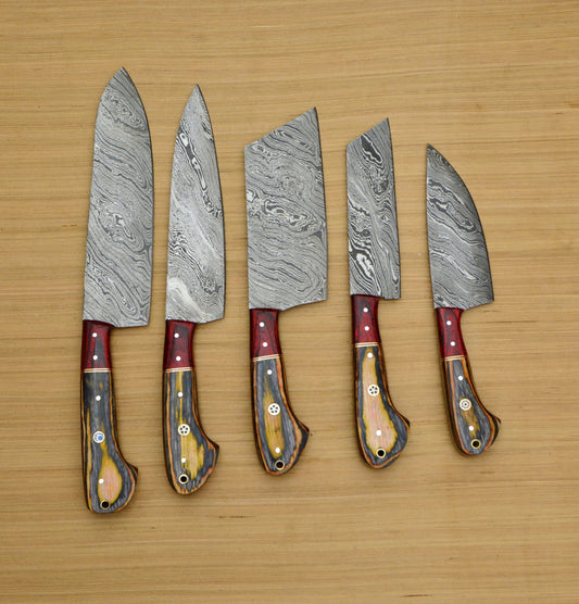 Damascus chef knife collection showing cleaver and chef style blade profiles