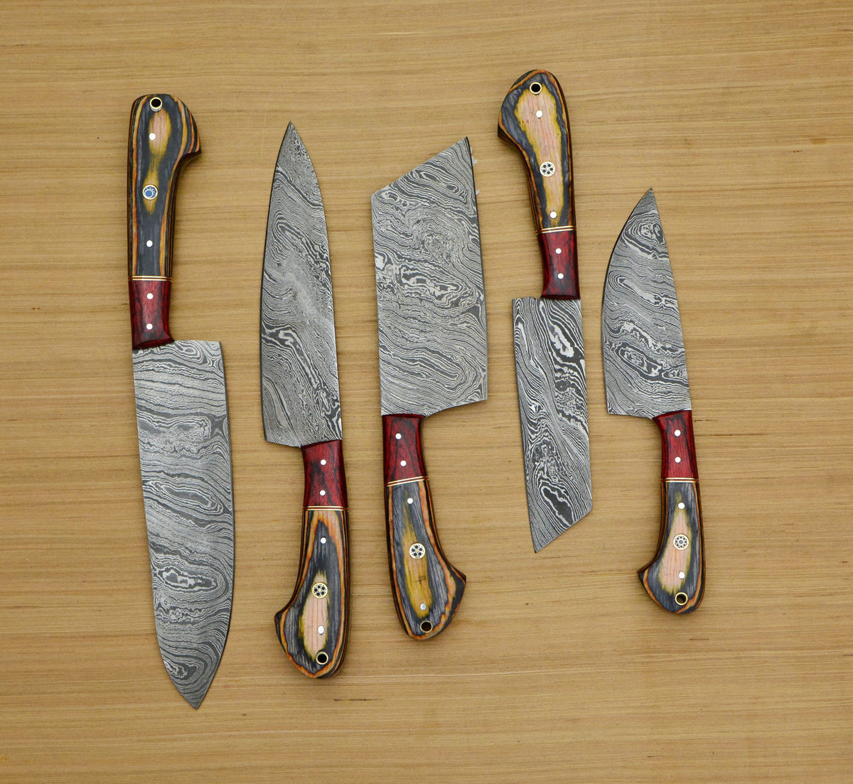 5 Pieces Damascus Steel Chef Knife Set Honey Brown Wood Handle, Leather Roll