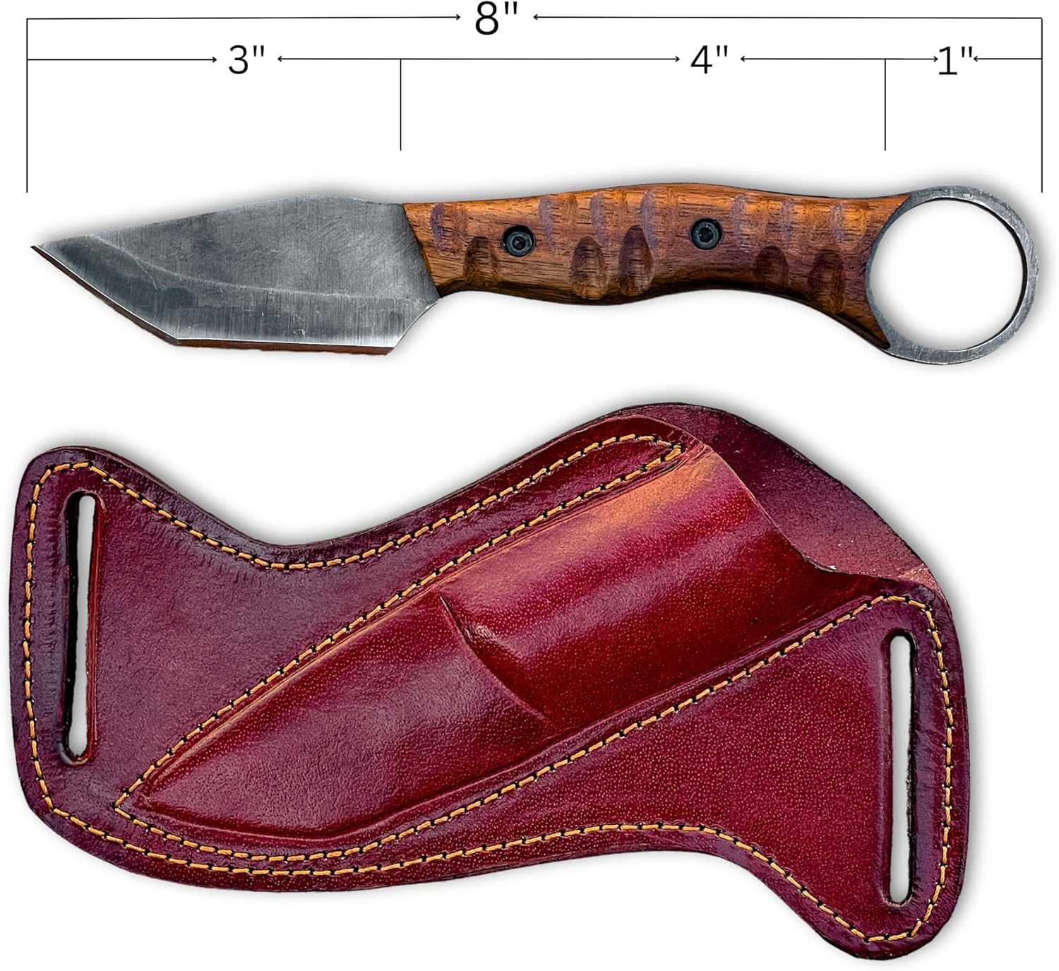 Best Bushcraft Knife dimensions showing 8 inch total length with leather sheath