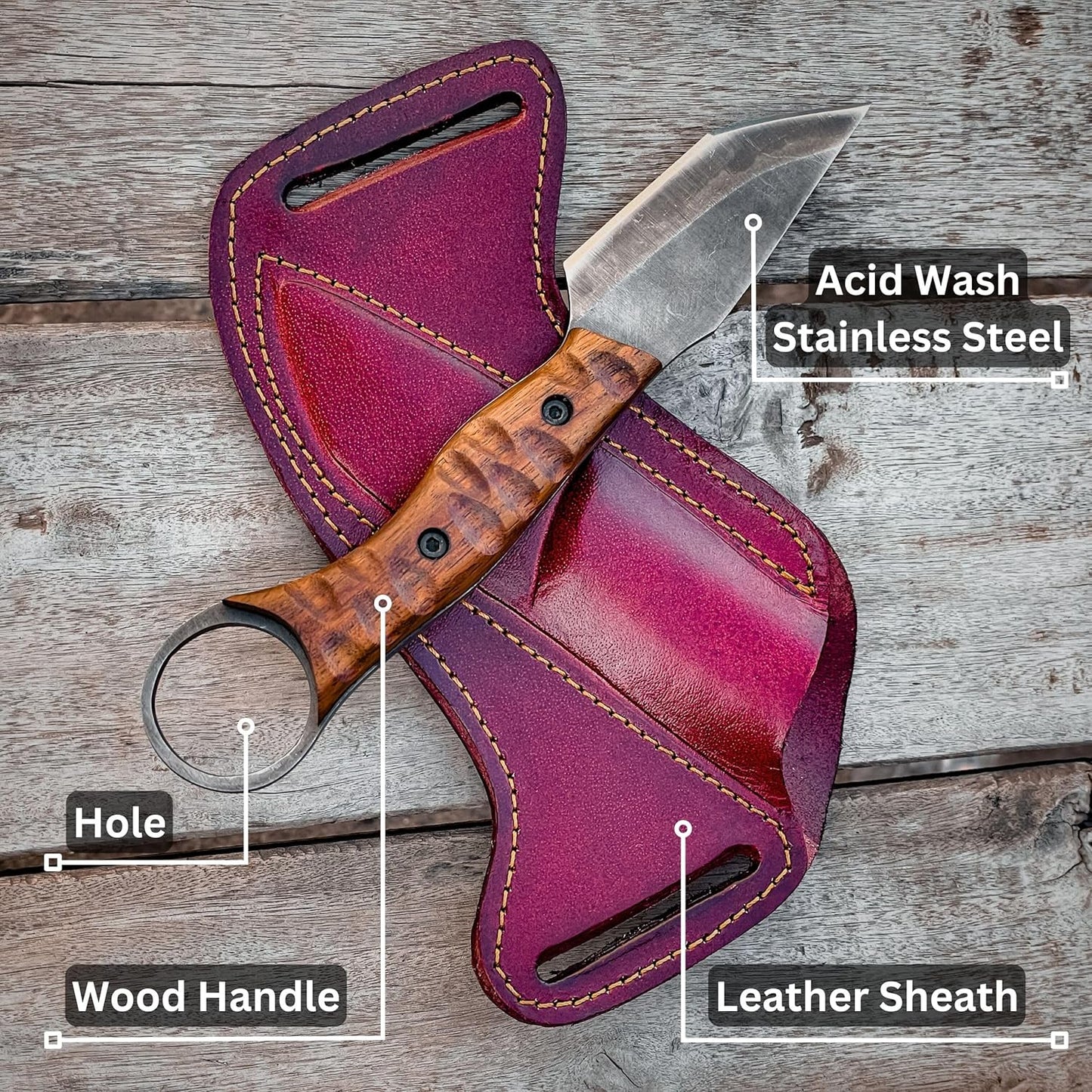 Best Bushcraft Knife features labeled: acid wash stainless steel blade, wood handle, finger hole, and leather sheath