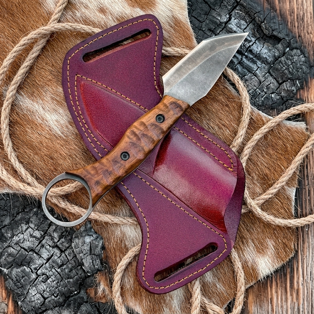 Best Bushcraft Knife with wood handle on leather sheath, rope, and hide background
