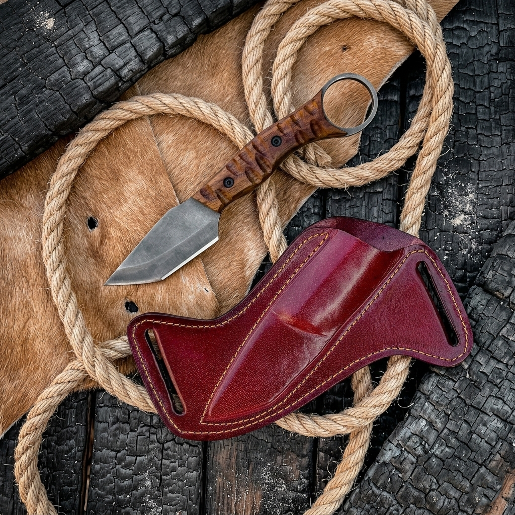 Best Bushcraft Knife with wood handle beside red leather sheath, rope, and charred wood