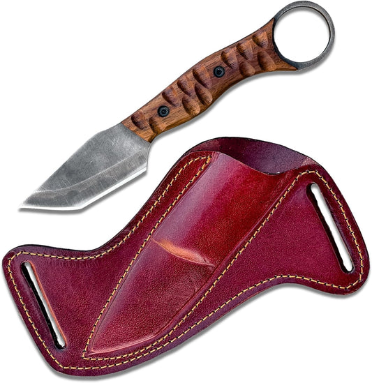 Best Bushcraft Knife with wood handle, finger-ring pommel, and red leather belt sheath
