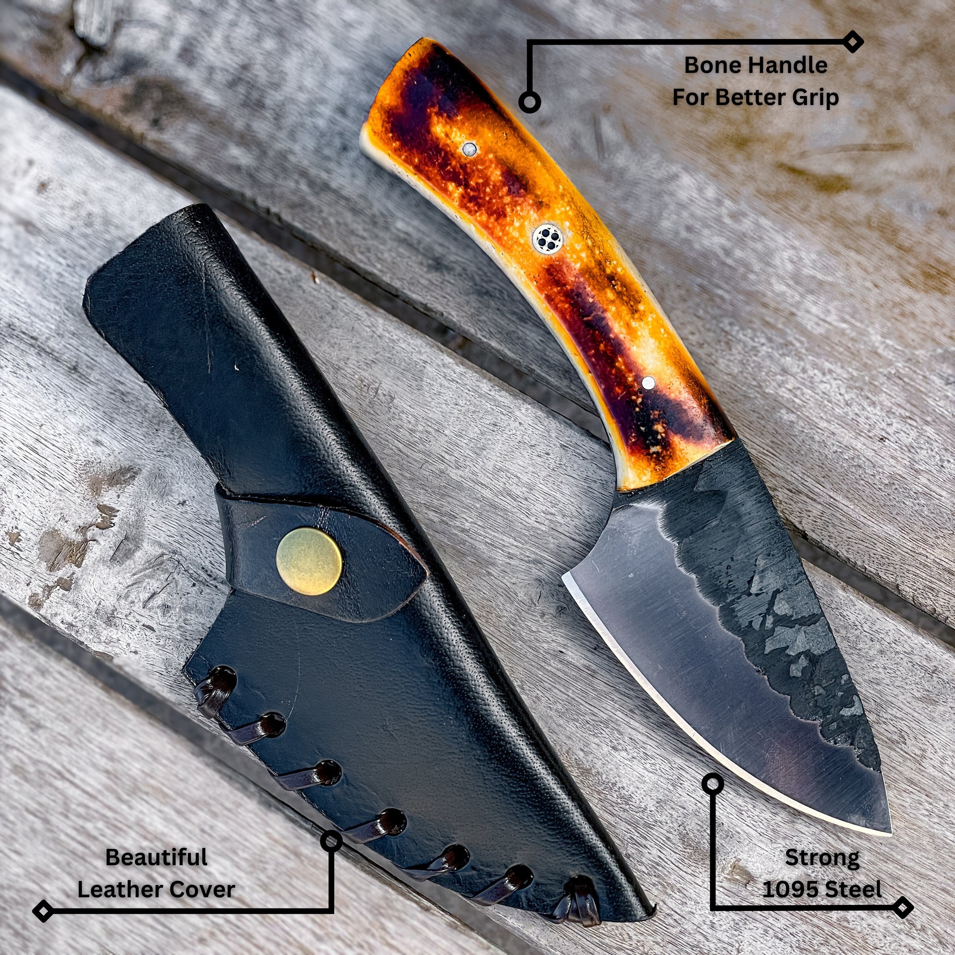 Bone Handle Skinner Knife features labeled: bone handle, 1095 steel blade, and leather sheath