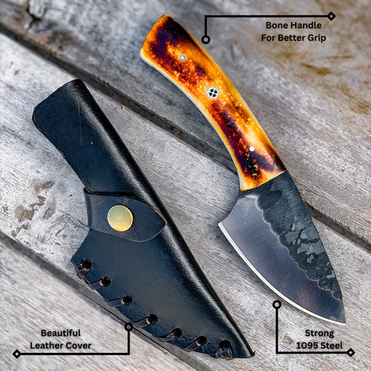Bone Handle Skinner Knife features labeled: bone handle, 1095 steel blade, and leather sheath