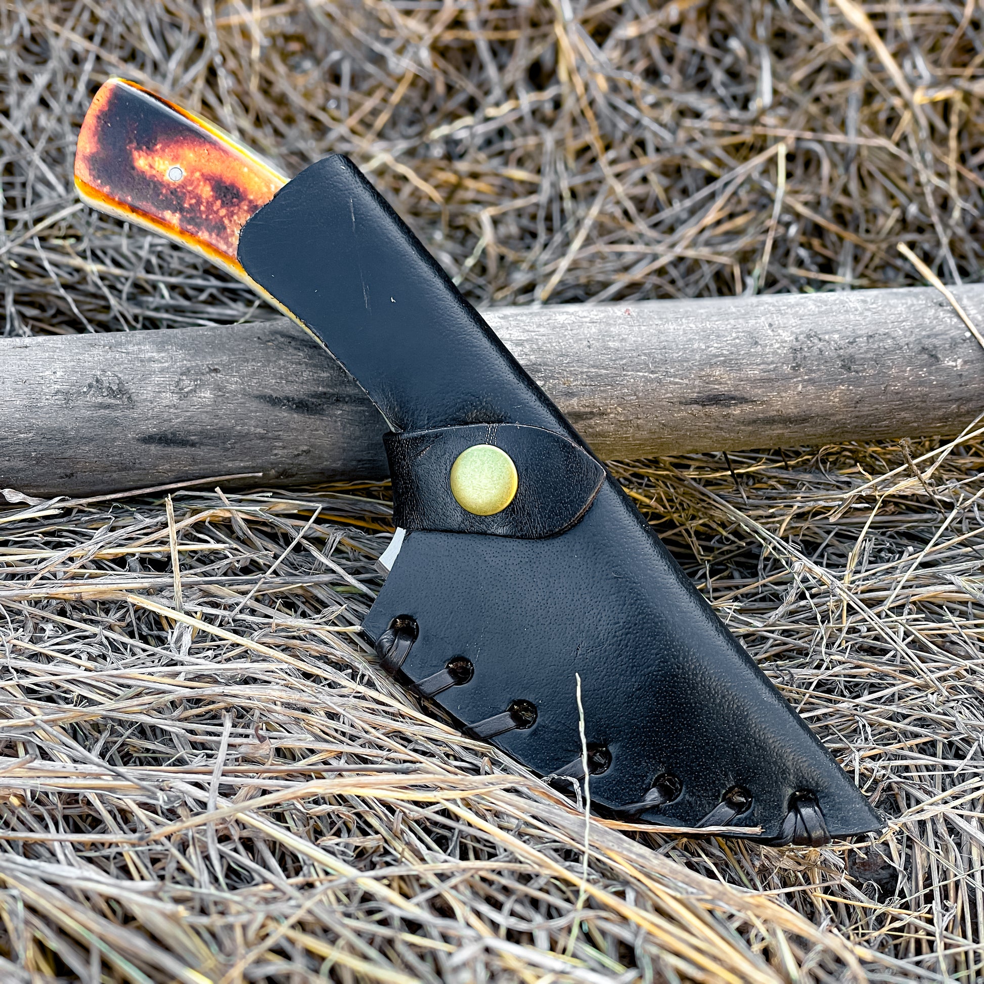 Bone Handle Skinner Knife sheathed in black leather with snap closure outdoors