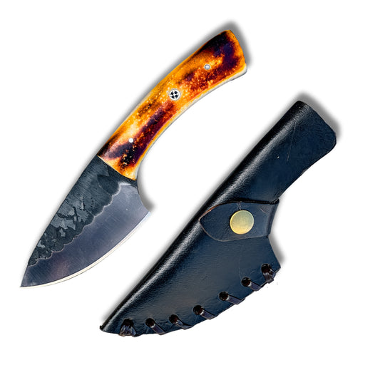 Bone Handle Skinner Knife with black forged blade and black leather sheath