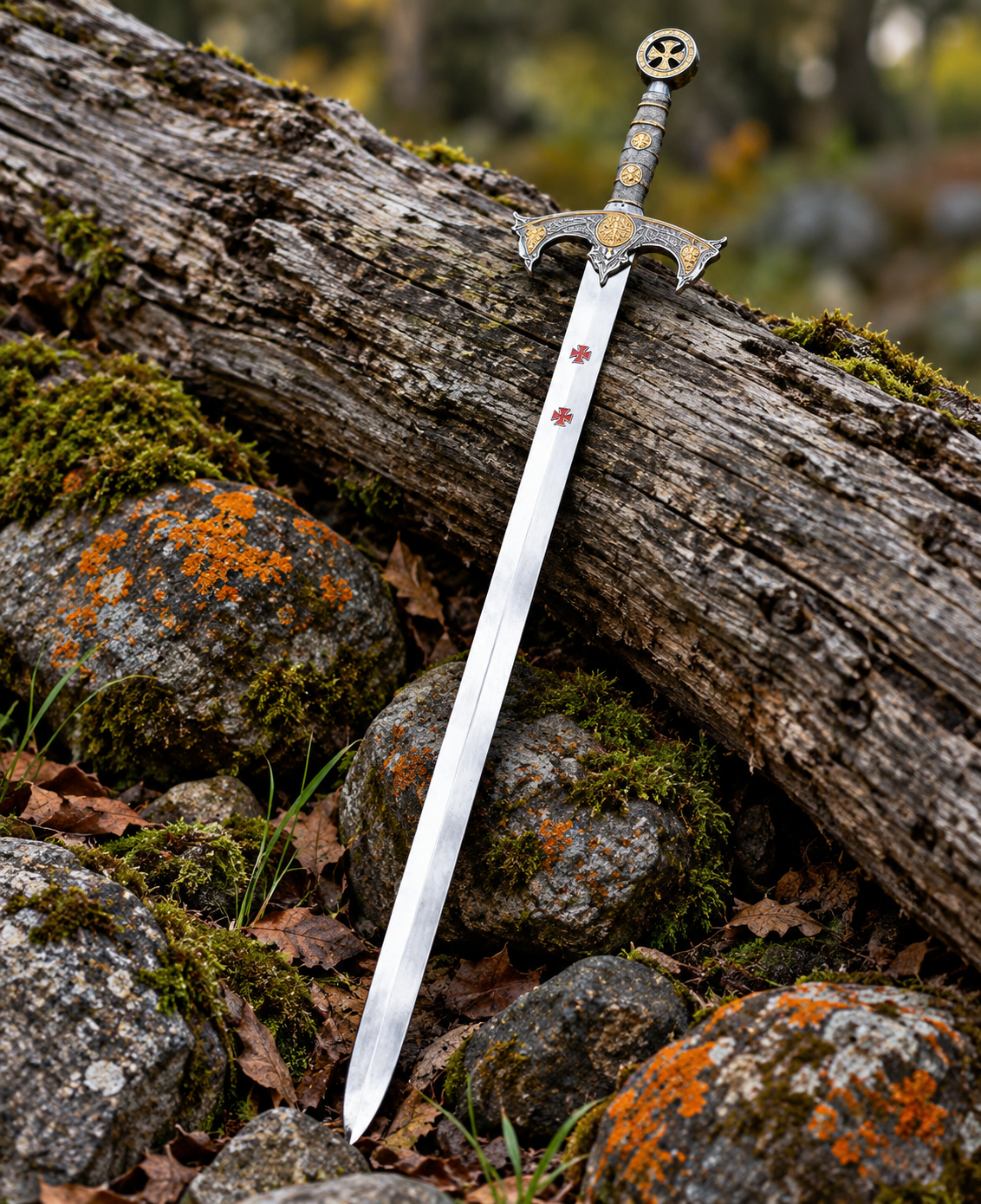 Sword with ornate gold guard standing upright on mossy rocks