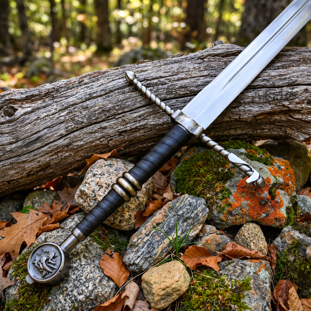 Close up of black wrapped grip, twisted crossguard, ring accents and embossed medallion pommel on a decorative sword