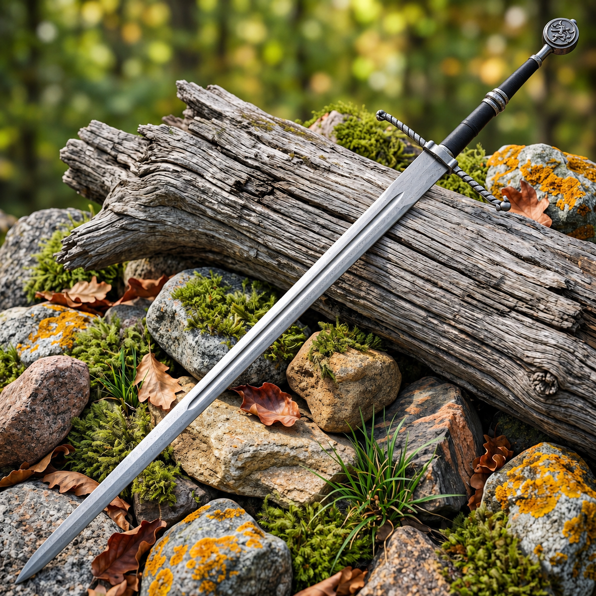 Decorative sword with pattern etched blade, twisted crossguard and round medallion pommel lying across a weathered log