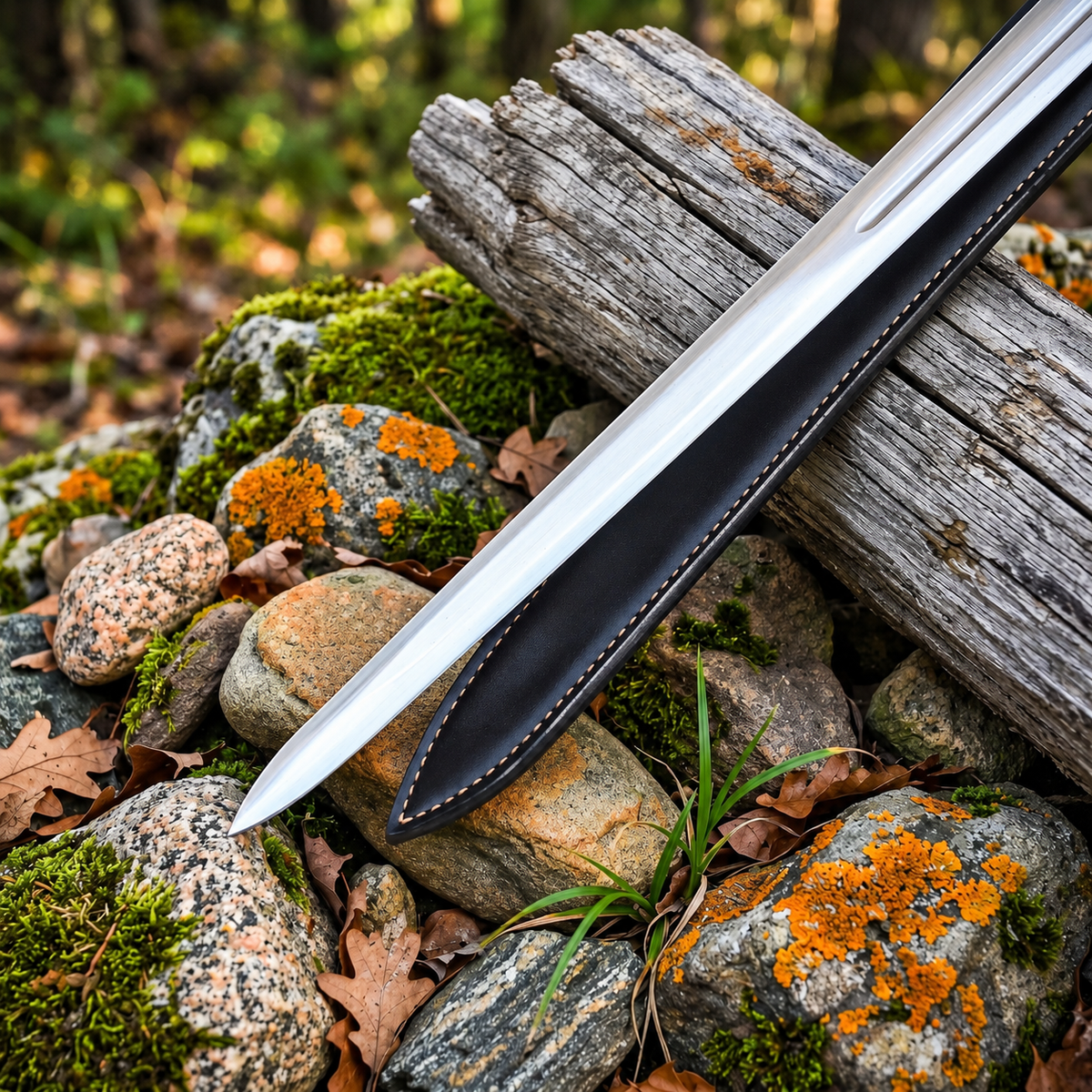 Close up of polished grooved blade tip beside a black stitched leather sheath on a log and lichen covered rocks