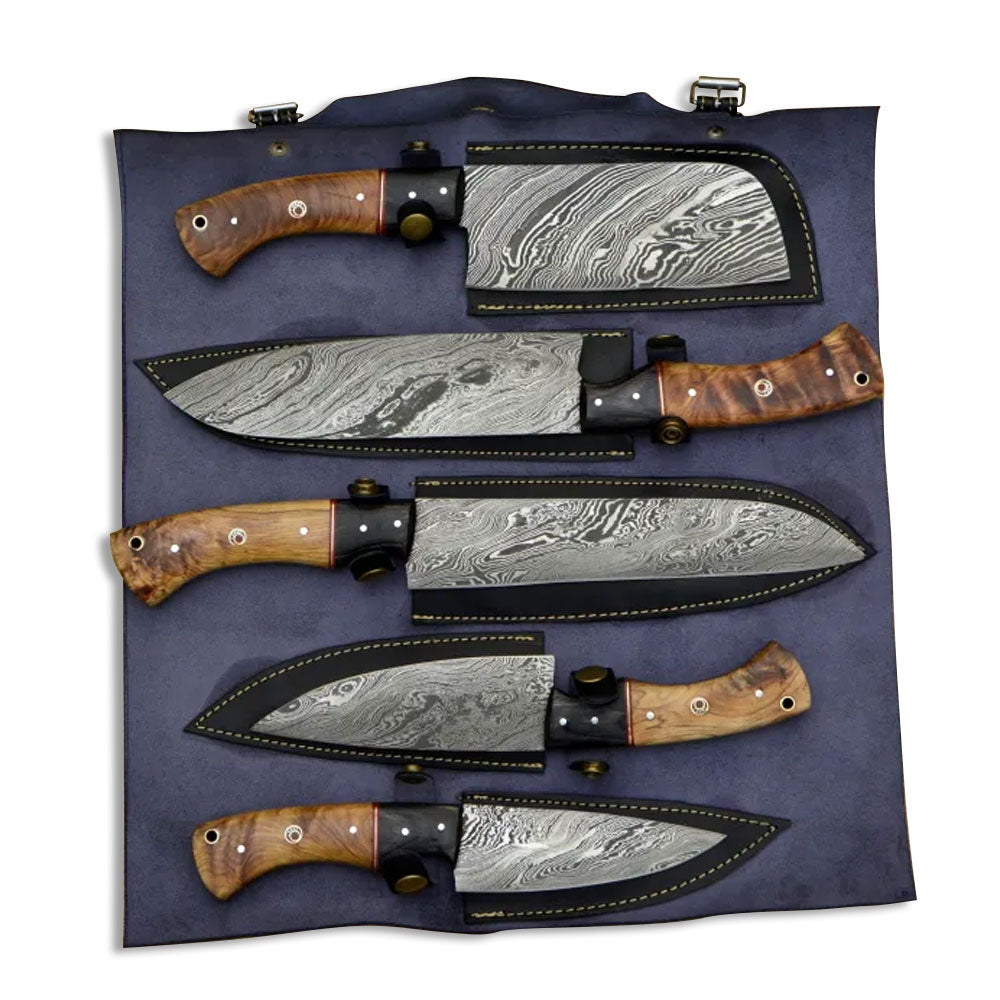 Damascus kitchen knife set of five in a leather roll with navy suede lining
