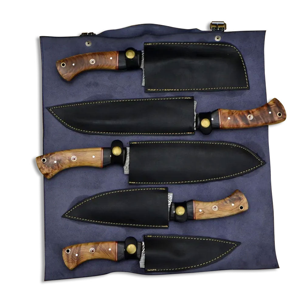Leather knife roll holding five olive wood handled knives in stitched sheaths