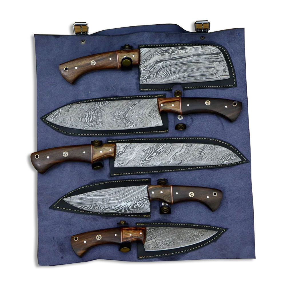Damascus kitchen knife set of five with rosewood handles in a leather roll