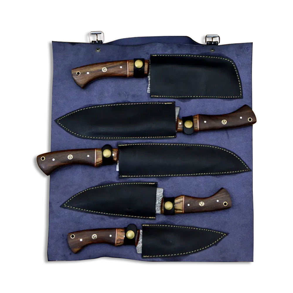 Leather knife roll holding five rosewood handled knives in stitched black sheaths