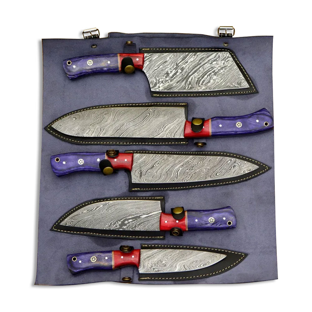 Damascus kitchen knife set of five with purple and red handles in a leather roll
