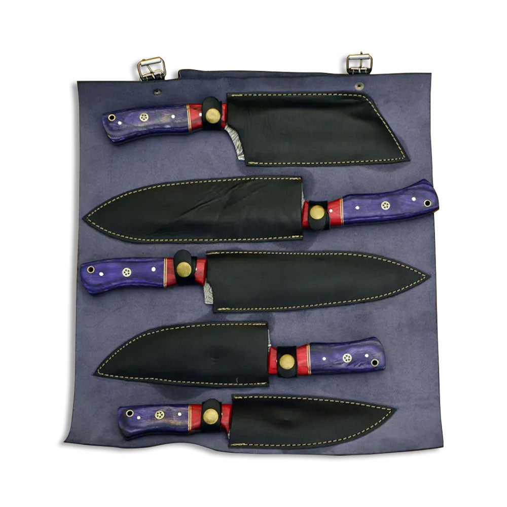 Leather knife roll holding five purple handled knives in stitched black sheaths