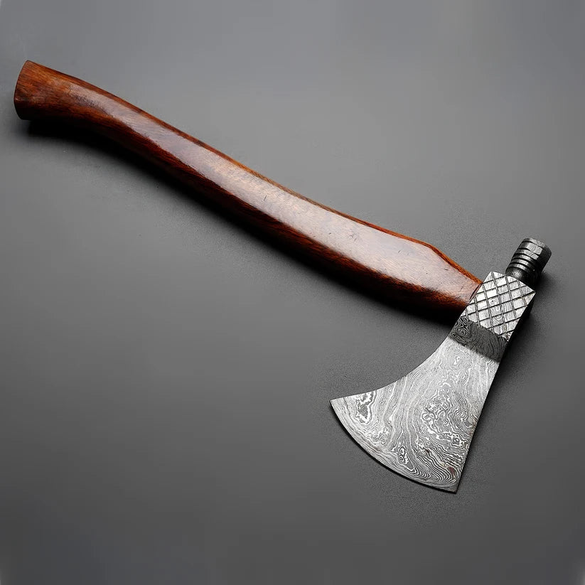 Custom Hand-Forged Damascus Steel Axe, Rosewood Handle, Vegetable Tanned Leather Sheath