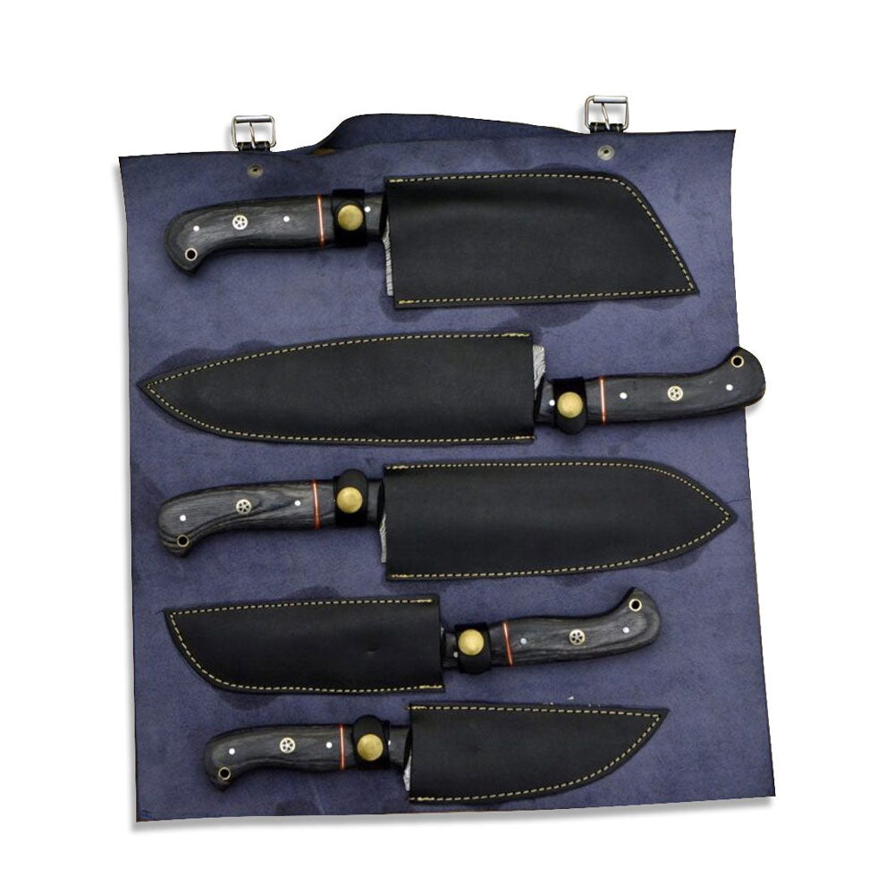 Leather knife roll holding five Damascus kitchen knives inside individual stitched leather sheaths
