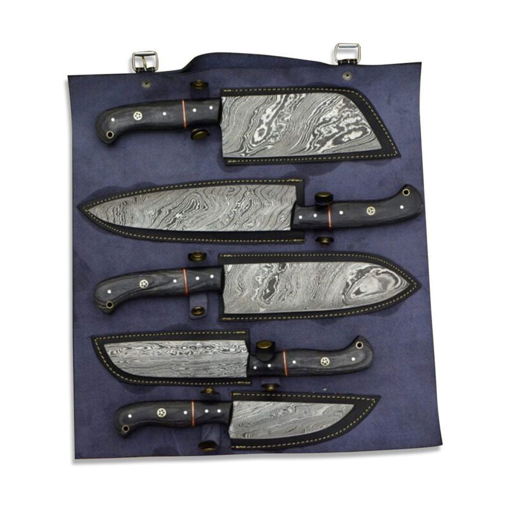 Damascus kitchen knife set with Pakkawood handles arranged inside an open leather storage roll