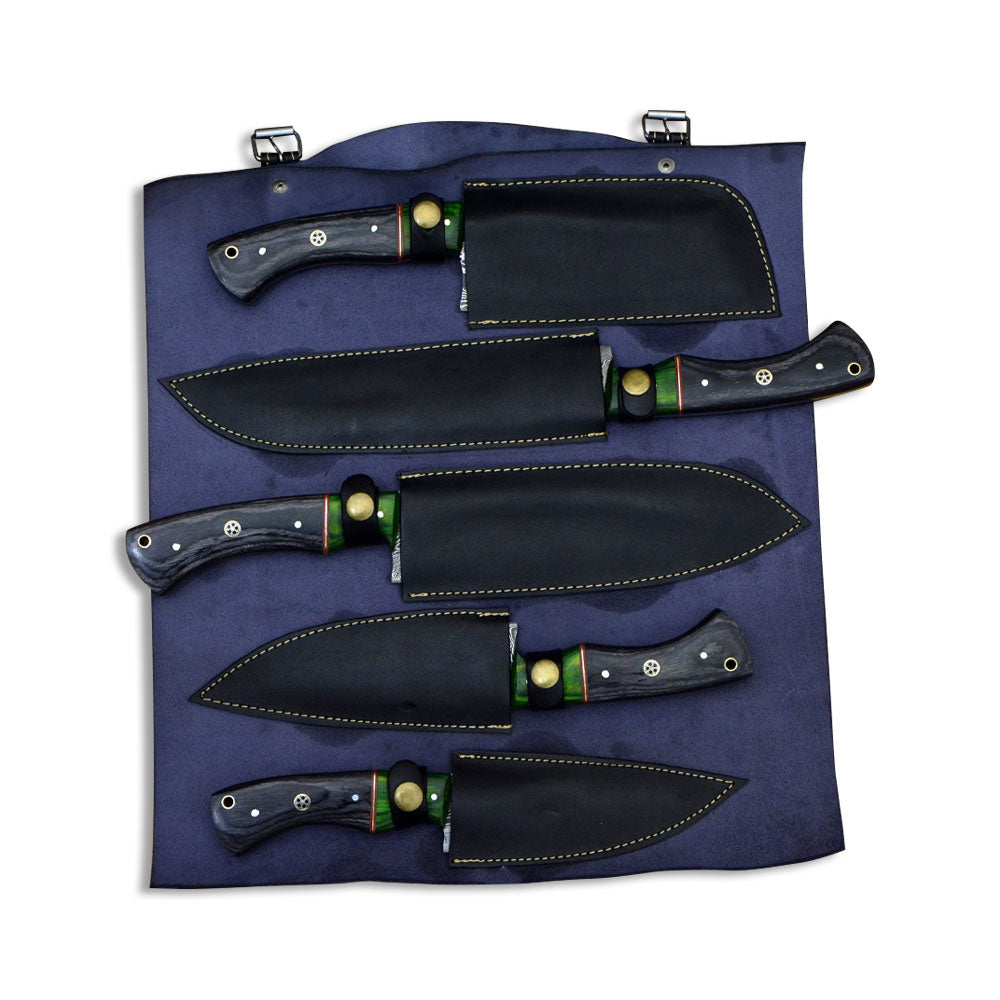 Complete 5 piece Damascus chef knife set with black leather sheaths stored in a blue roll 