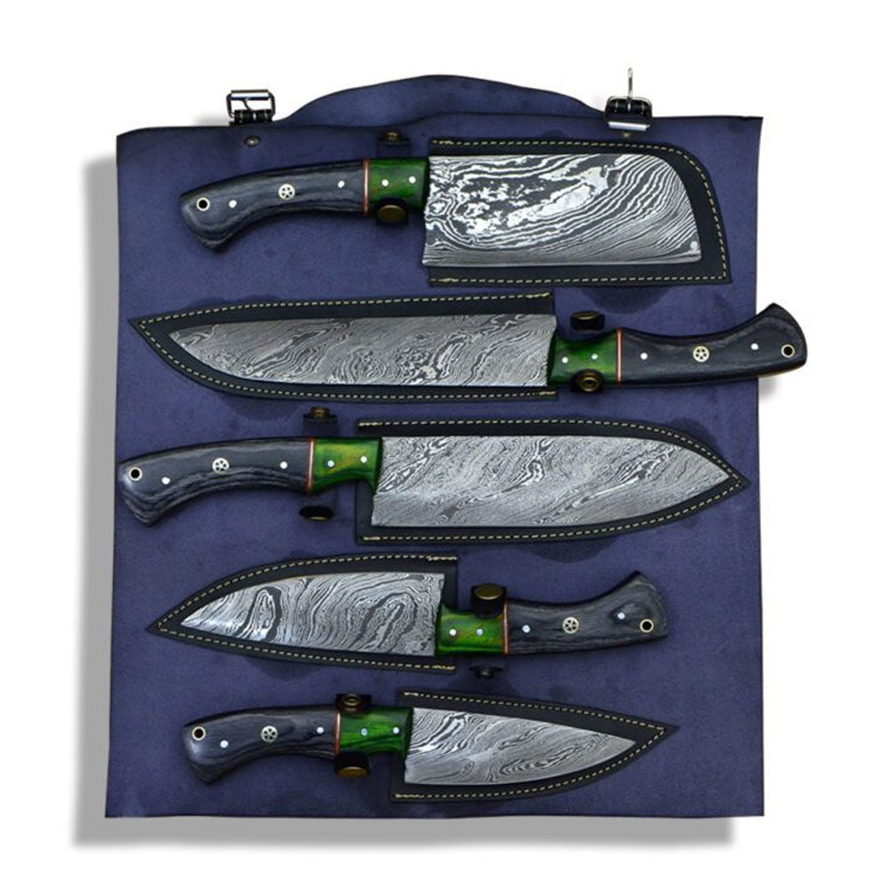 Sami Blades 5 piece Damascus steel knife set with green pakkawood handles inside a blue leather roll