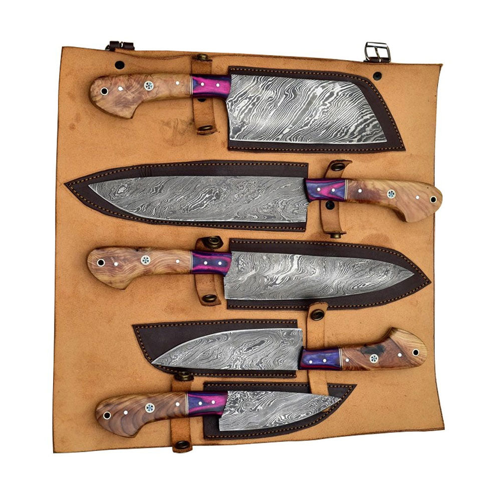 Sami Blades 5 piece Damascus knife set in an open tan leather roll.