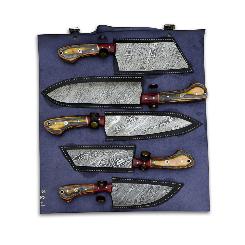 5 Pieces Damascus Steel Chef Knife Set Honey Brown Wood Handle, Leather Roll