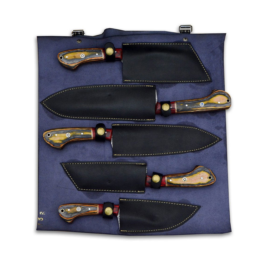 5 Pieces Damascus Steel Chef Knife Set Honey Brown Wood Handle, Leather Roll
