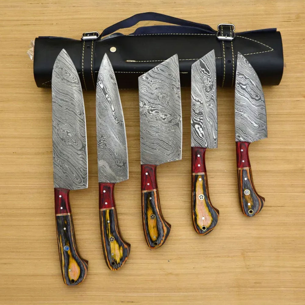 5 Pieces Damascus Steel Chef Knife Set Honey Brown Wood Handle, Leather Roll