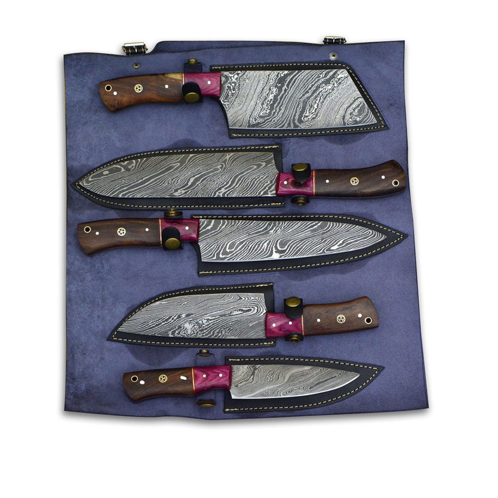 Damascus knife set in an open blue roll.