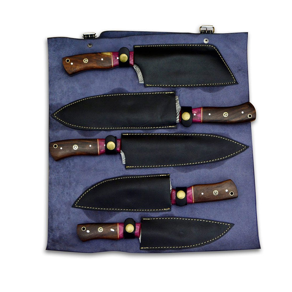 Damascus knife set with sheaths in a blue roll. 
