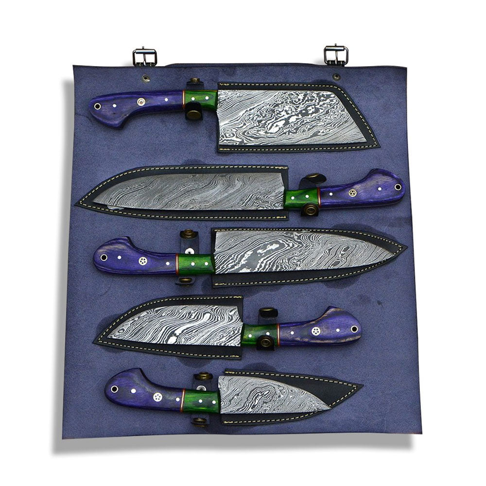 5 piece Damascus steel knife set with purple and green wood handles displayed inside an open blue leather roll.