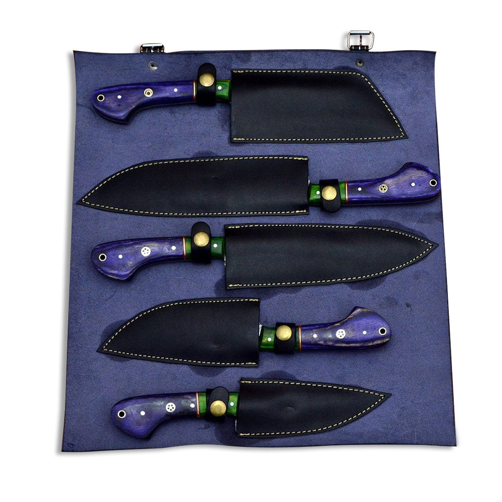 5 piece Damascus knife set with individual black leather sheaths stored safely inside a blue roll.