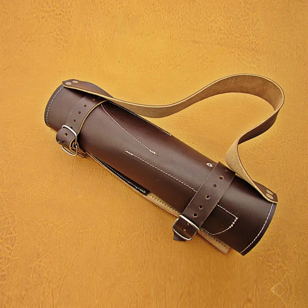 Rolled brown leather storage bag designed for carrying professional chef knives