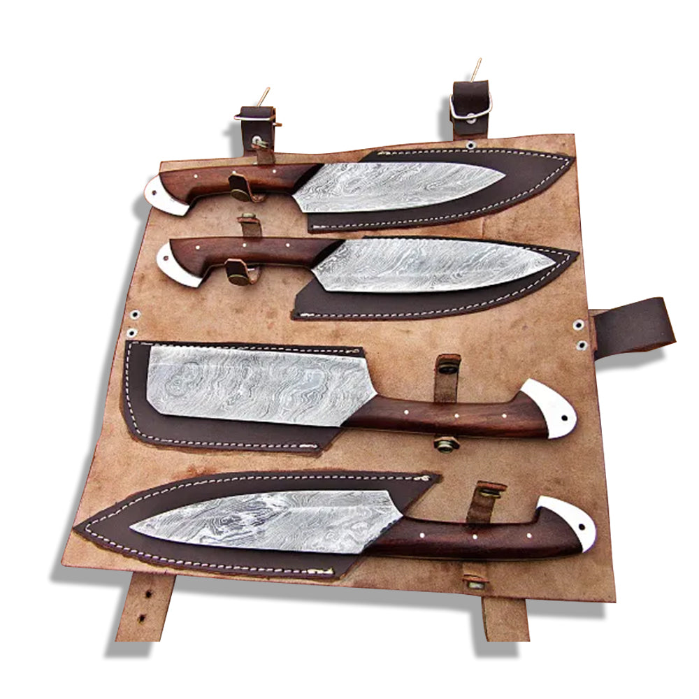 Damascus steel chef knife set with pakka wood handles secured in individual sheaths on a leather roll