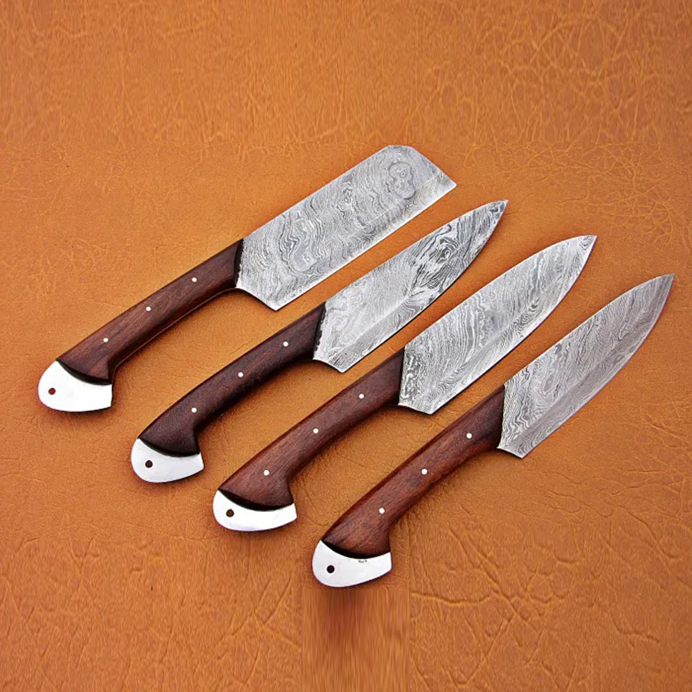 4 piece Damascus steel kitchen knife set featuring distinct patterns and ergonomic pakka wood handles
