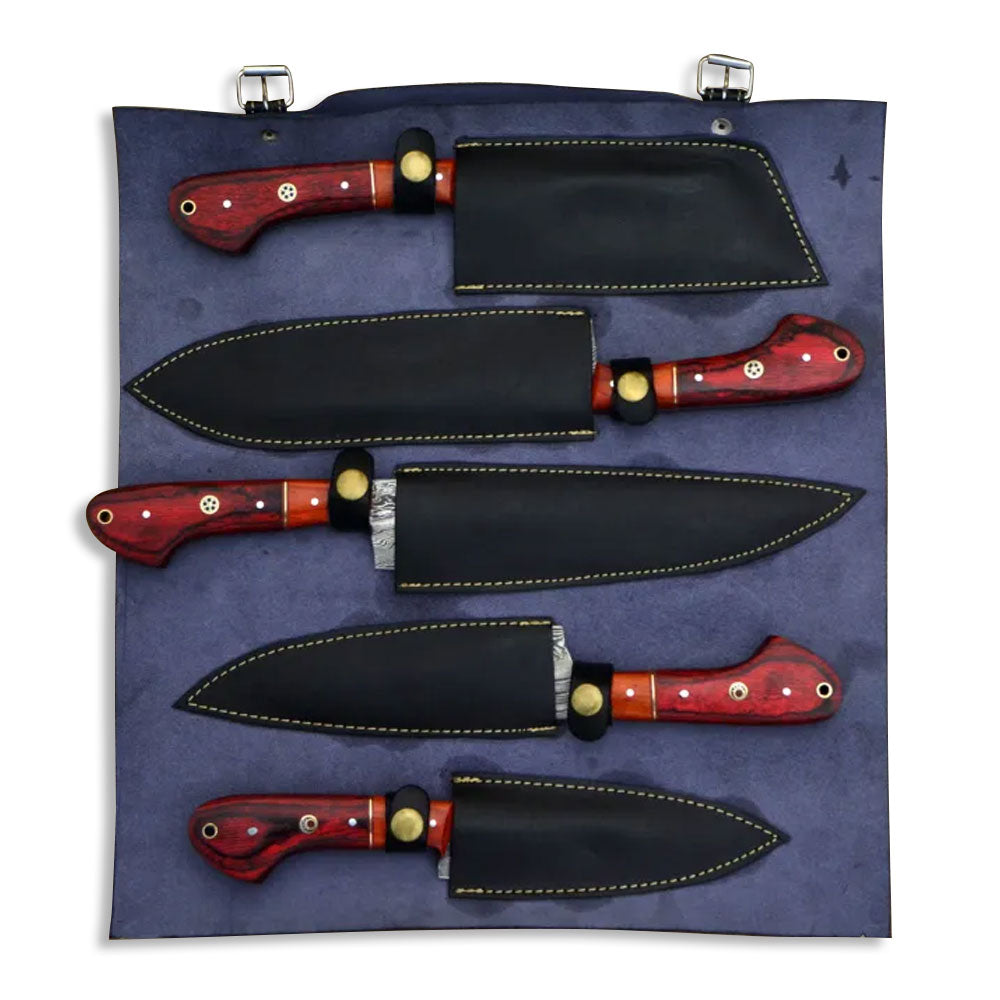 5 piece Damascus steel kitchen knife set with red wood handles stored in a leather roll bag