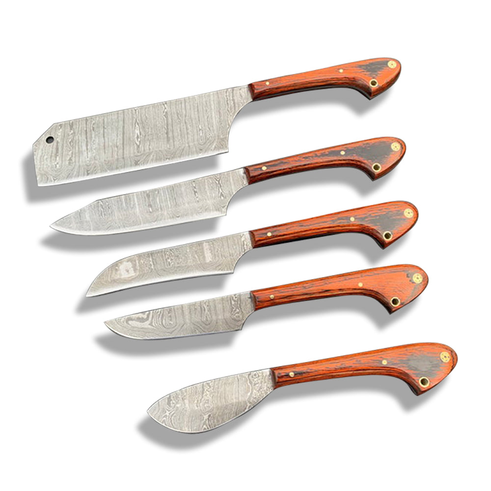 5 pcs Damascus steel chef knives featuring pakka wood handles on a clean white background