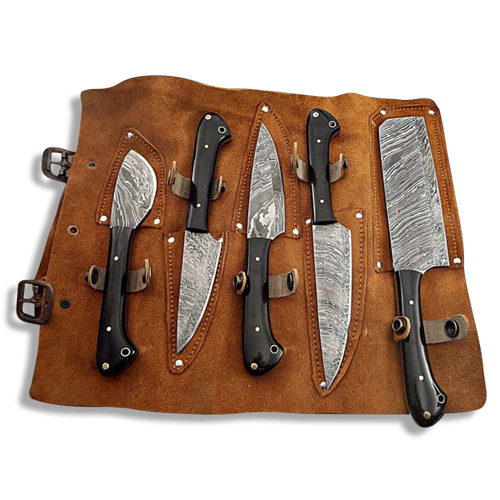 5 pcs Damascus steel chef knives featuring wood handles arranged on a brown leather roll background